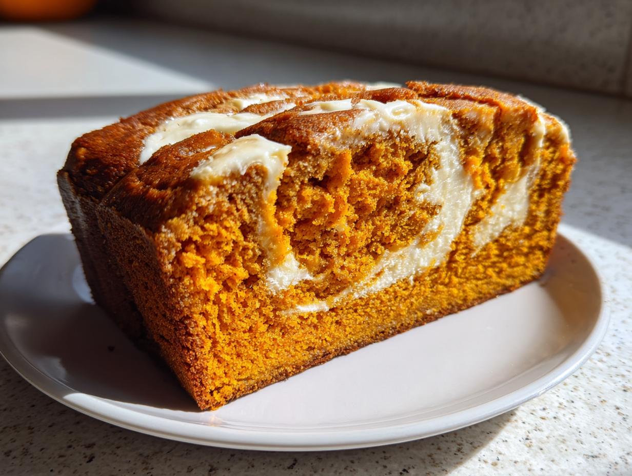A close-up of a thick slice of moist pumpkin cream cheese bread showing the vibrant orange crumb and cream cheese swirl.