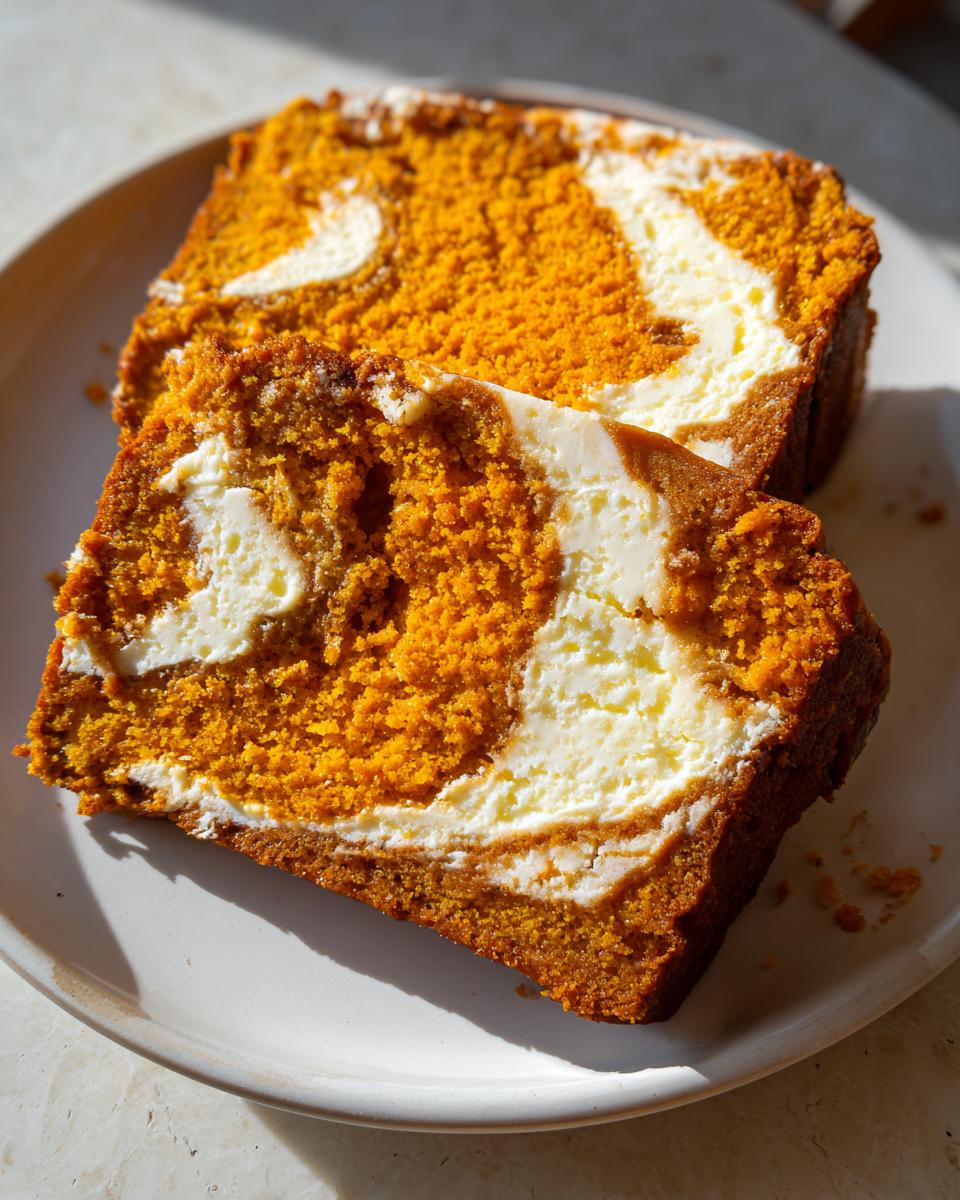 Two moist slices of vibrant orange pumpkin cream cheese bread showing a beautiful cream cheese swirl.