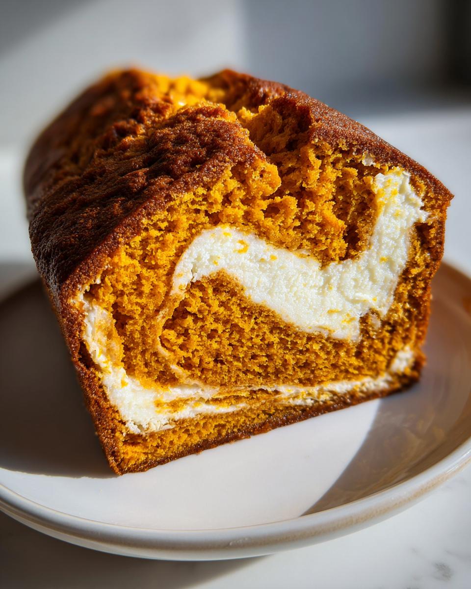 A close-up of a slice of moist pumpkin cream cheese bread showing the vibrant orange pumpkin swirl inside.
