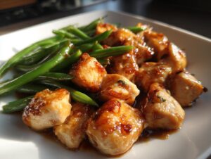 Close-up of glazed chicken pieces served alongside bright green beans, showcasing the finished chicken and green beans dish.