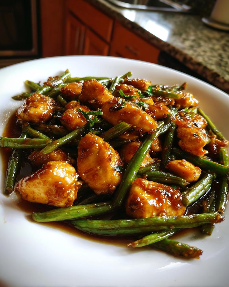 Close-up of glossy, saucy chicken and green beans dish ready to eat.