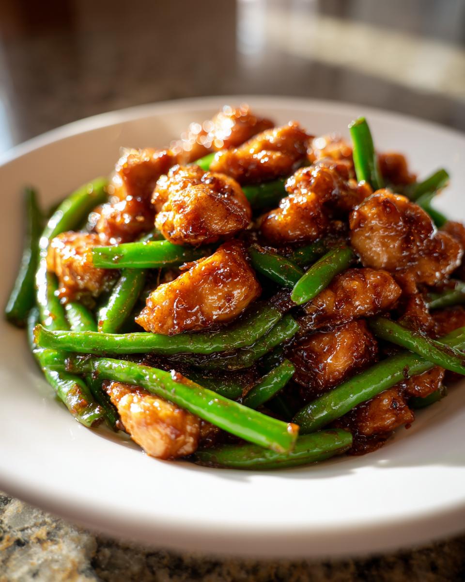 Close-up of saucy chicken and bright green beans, a perfect 30-min chicken and green beans dish.