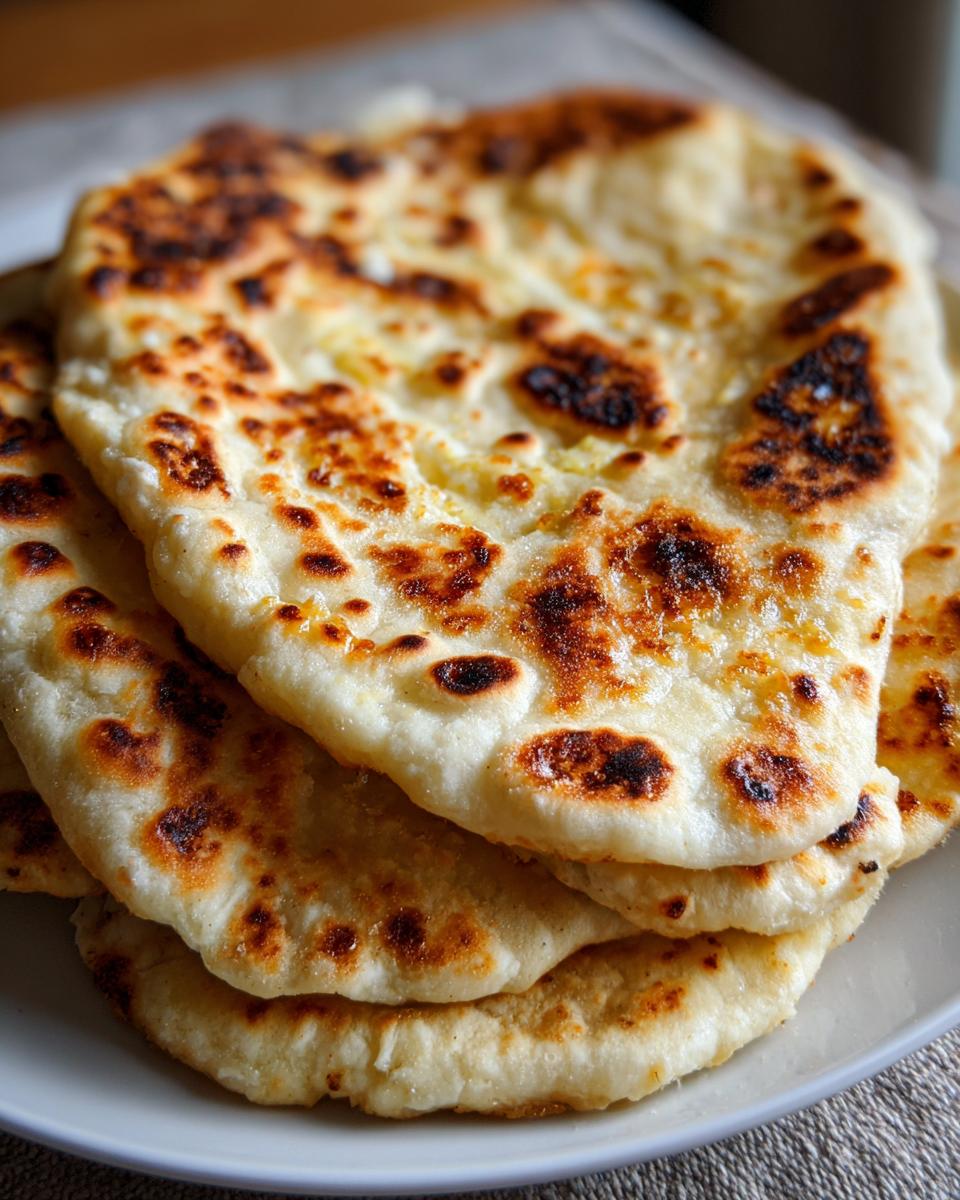 Close-up of a stack of fluffy, homemade naan bread featuring golden-brown bubbles and charred spots.
