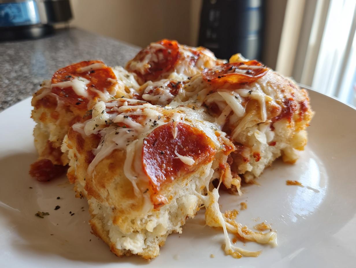 Close-up of gooey, cheesy portions of pizza casserole topped with pepperoni and herbs on a white plate.