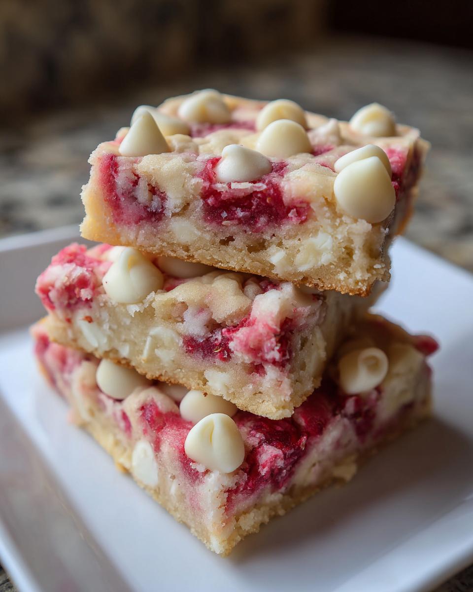 A stack of three rich raspberry cheesecake cookies bars studded with white chocolate chips.