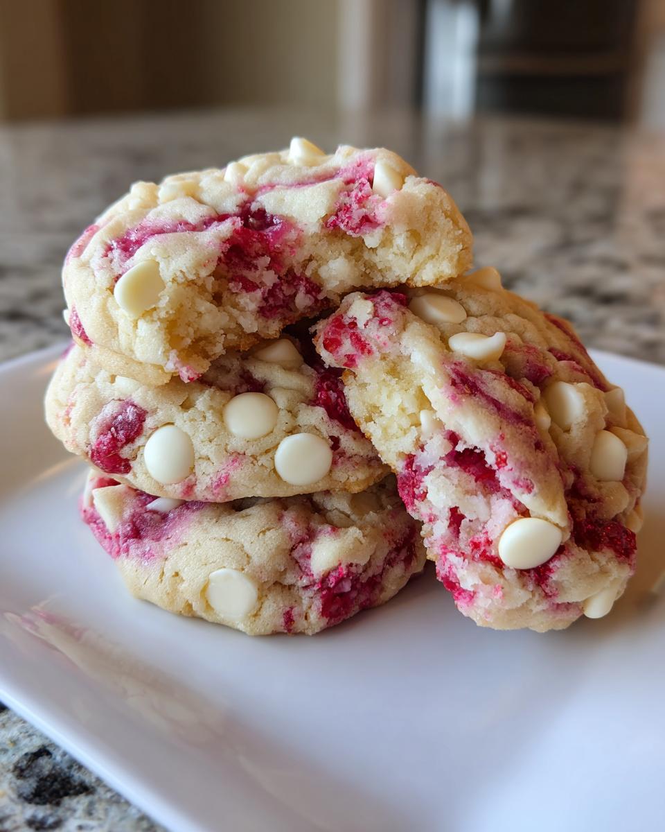 A stack of soft raspberry cheesecake cookies loaded with white chocolate chips, one cookie broken open to show the filling.