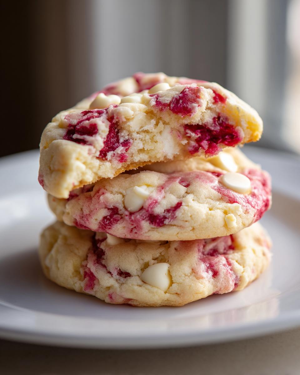 A stack of three soft raspberry cheesecake cookies, with the top one broken open to show the chewy interior and white chocolate chips.