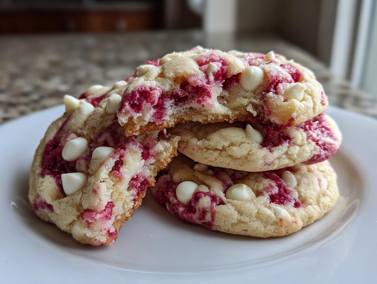 A stack of soft, chewy raspberry cheesecake cookies featuring swirls of bright red raspberry and white chocolate chips.