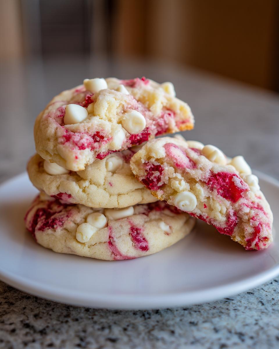 A stack of three soft raspberry cheesecake cookies studded with white chocolate chips, one cookie broken open.