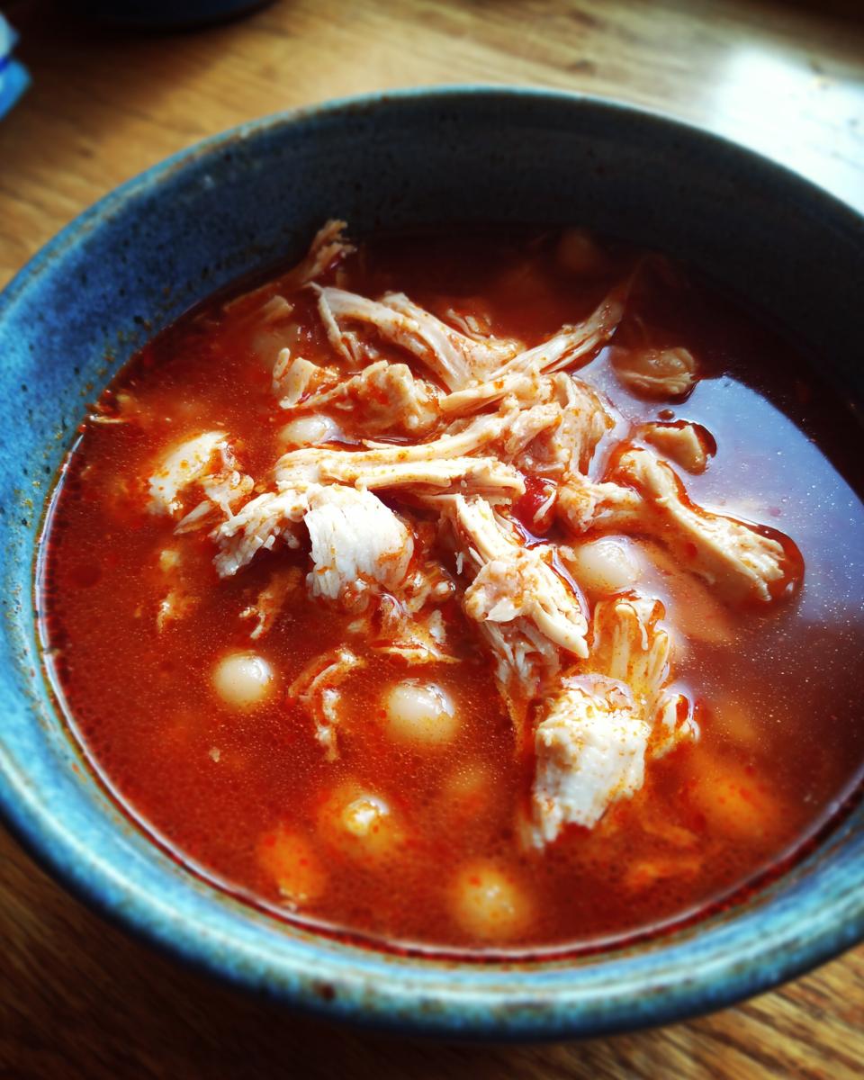 Close-up of a blue bowl filled with rich red broth, shredded chicken, and hominy for chicken pozole.
