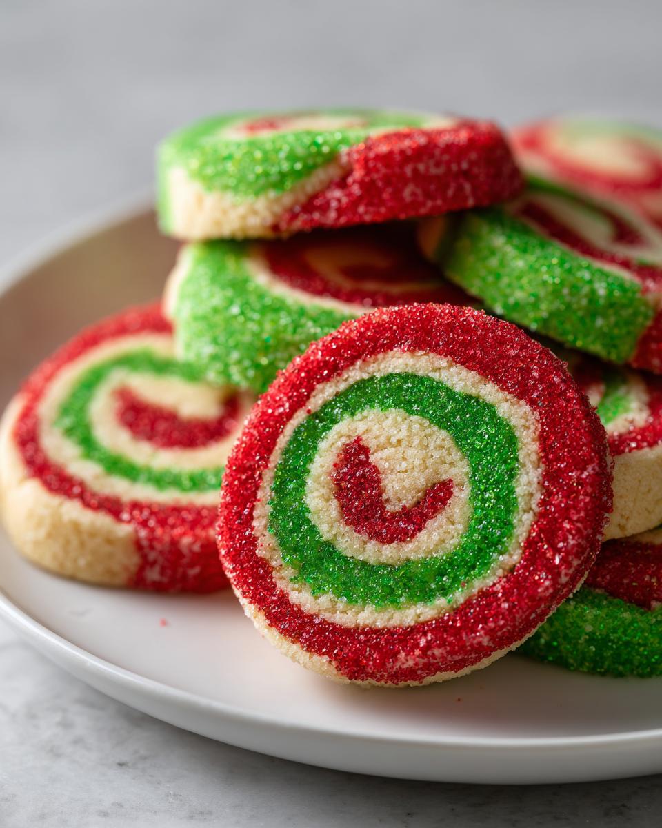 Close-up of festive red and green pinwheel cookies coated in colored sugar.