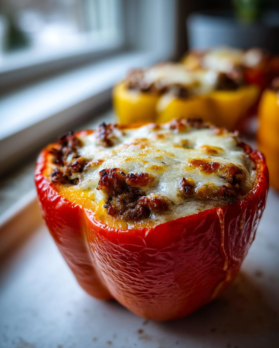 Close-up of a baked red bell pepper filled with savory meat and topped with melted, browned cheese, resembling philly cheesesteak stuffed peppers.