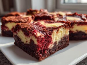 A close-up of a rich, fudgy red velvet cheesecake brownies square showing the marbled red and cream cheese layers.