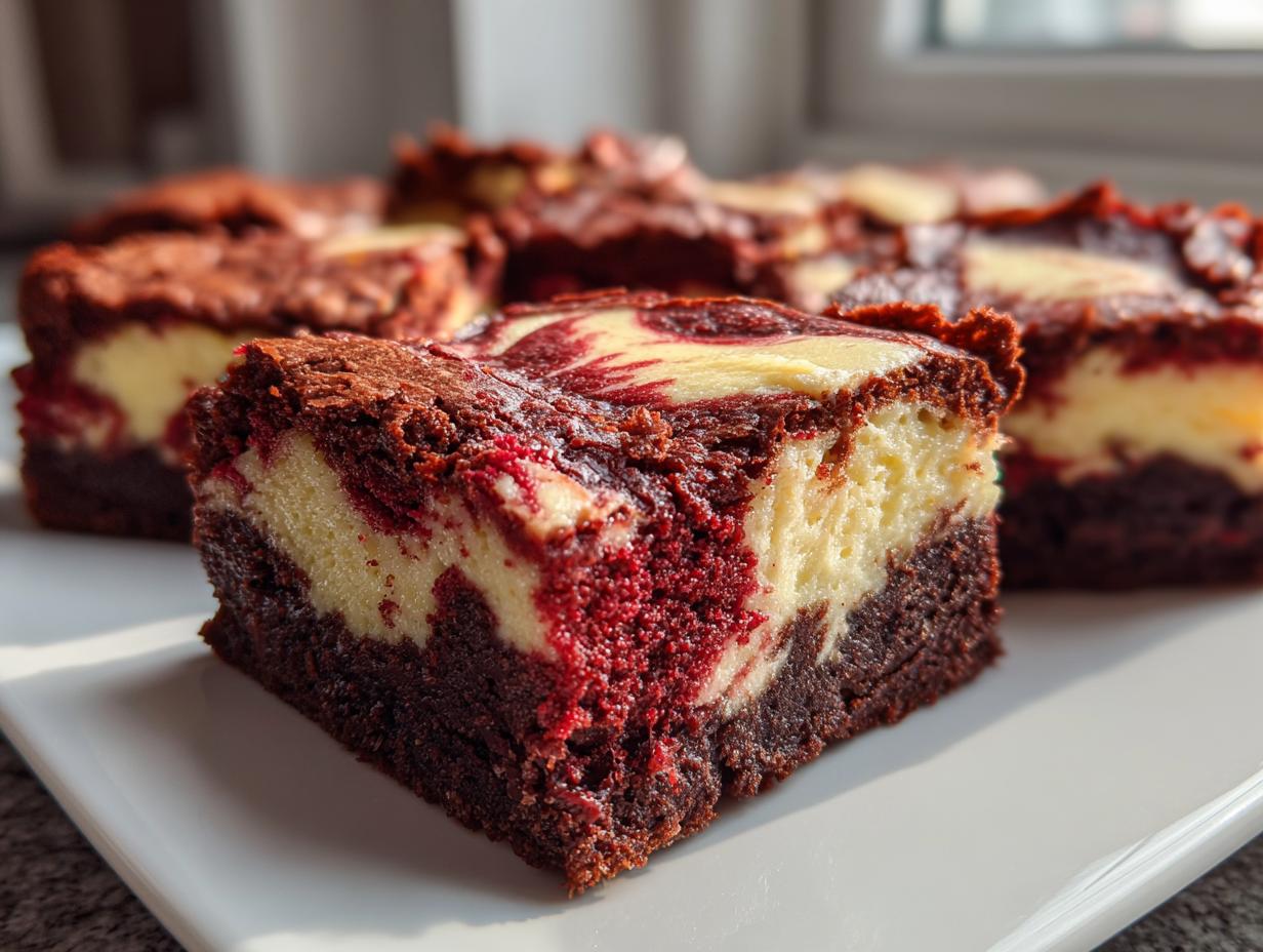 A close-up of a rich, fudgy red velvet cheesecake brownies square showing the marbled red and cream cheese layers.