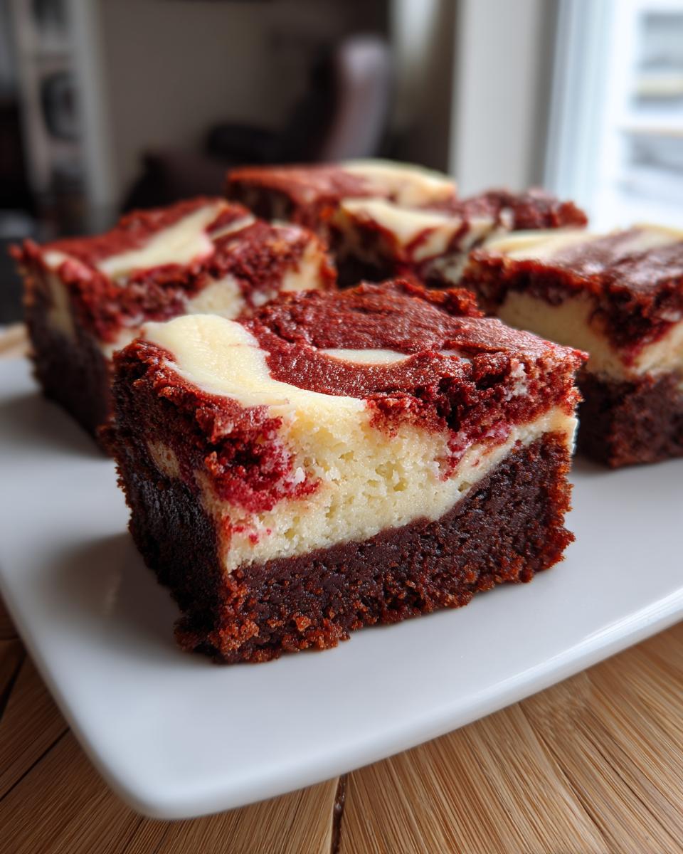 A close-up of several rich red velvet cheesecake brownies squares with a marbled cream cheese swirl topping.