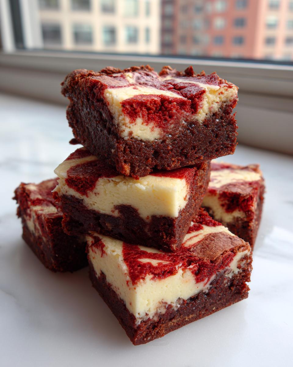 A stack of four rich red velvet cheesecake brownies showing the marbled red and cream cheese layers.