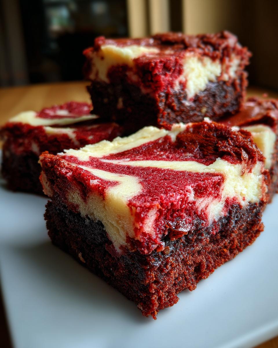 Close-up of stacked, rich red velvet cheesecake brownies showing the marbled red and cream cheese layers.