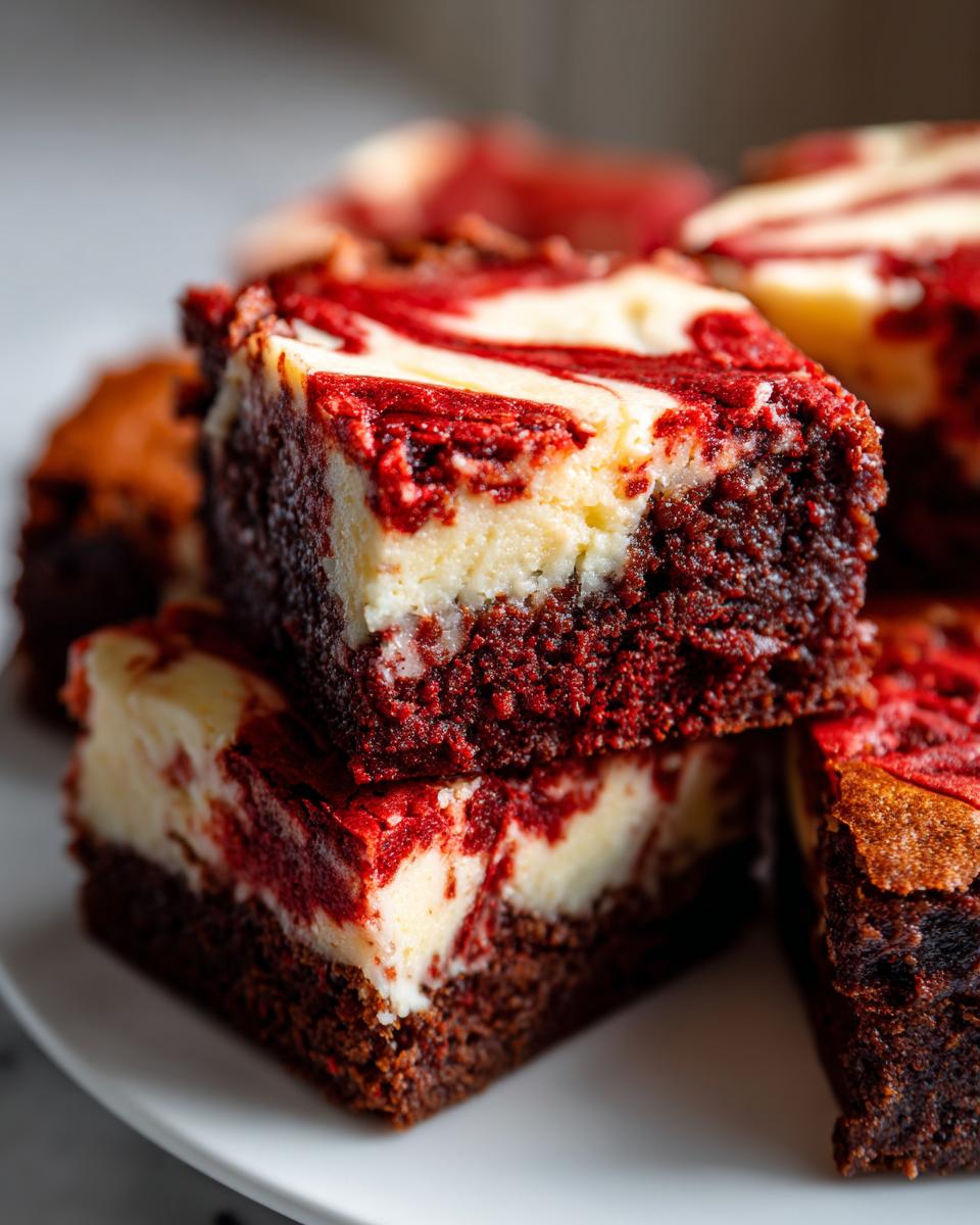 Close-up of stacked, decadent red velvet cheesecake brownies showing the rich red cake layer and white cream cheese swirl.