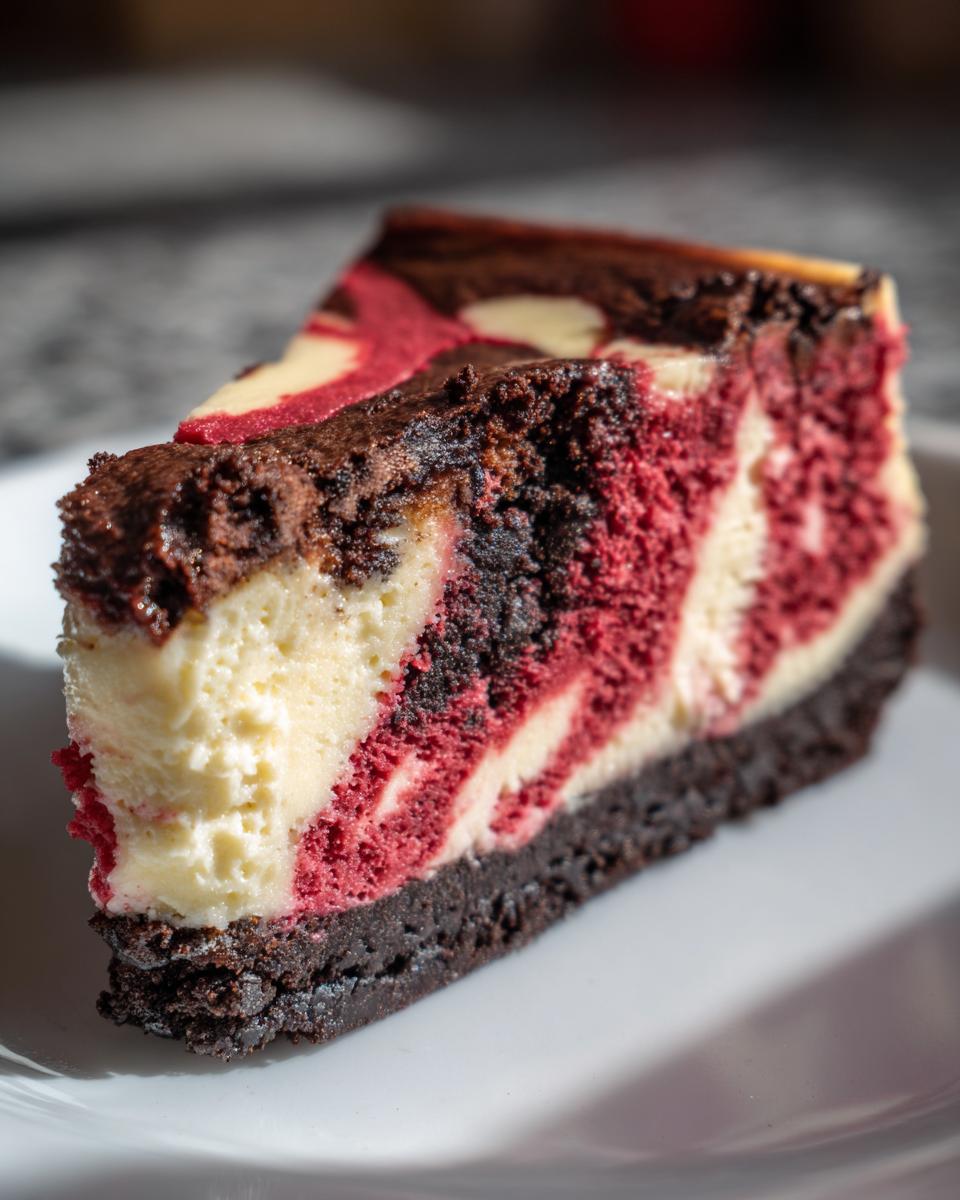 Close-up of a rich slice of red velvet cheesecake showing marbled red and cream layers on a dark crust.
