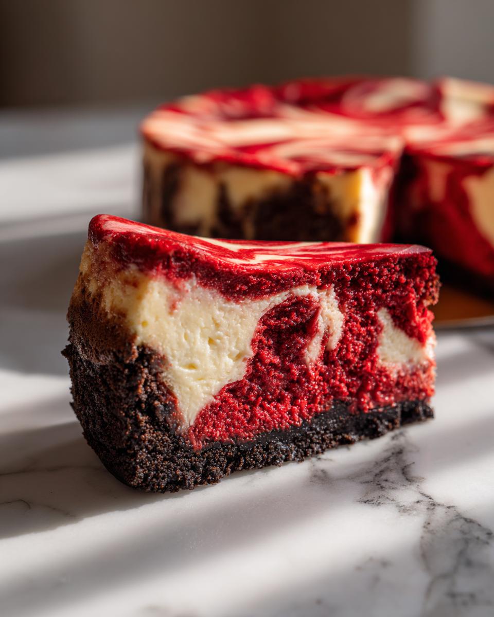 A close-up slice of vibrant red velvet cheesecake with a dark crust, marbled with cream cheese filling.