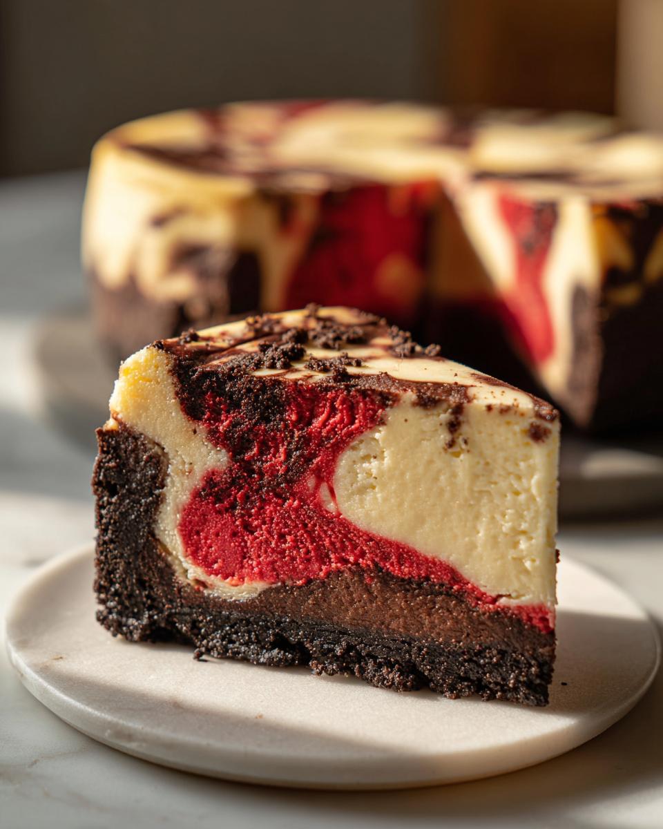 A close-up slice of red velvet cheesecake with a dark crust, showing red and cream swirls, on a white plate.
