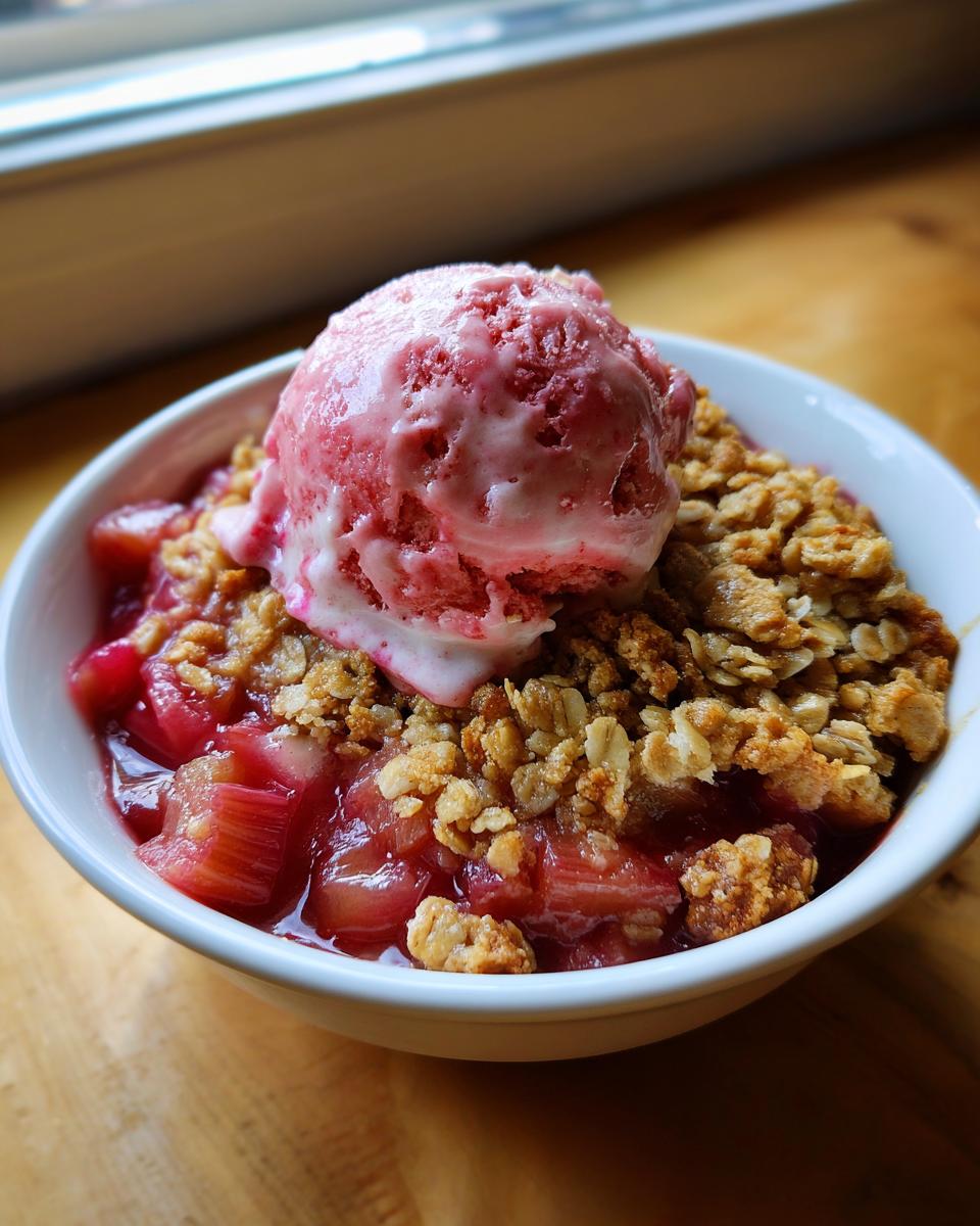 Close-up of a warm rhubarb crisp topped with a scoop of melting strawberry ice cream in a white bowl.