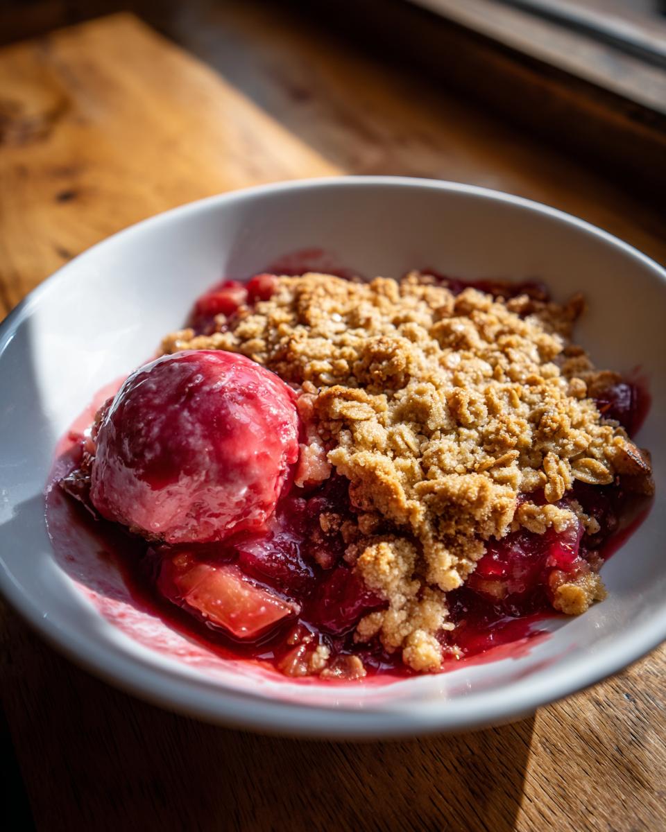 Close-up of a warm rhubarb crisp topped with a scoop of pink ice cream in a white bowl.