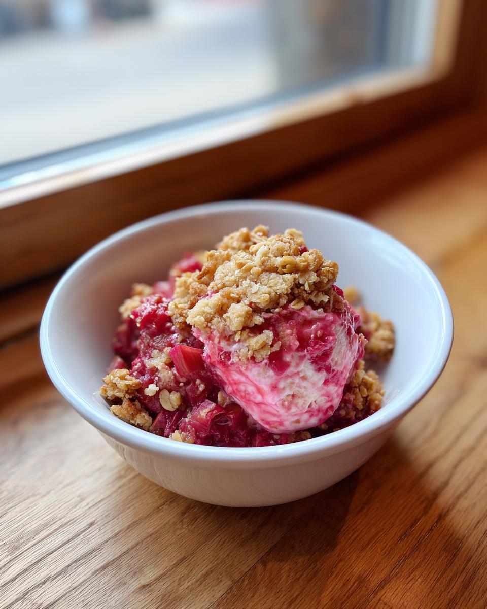 A white bowl filled with warm rhubarb crisp topped with a scoop of melting vanilla ice cream.
