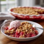A scoop of strawberry ice cream melting over a warm serving of rhubarb crisp with a crunchy oat topping.