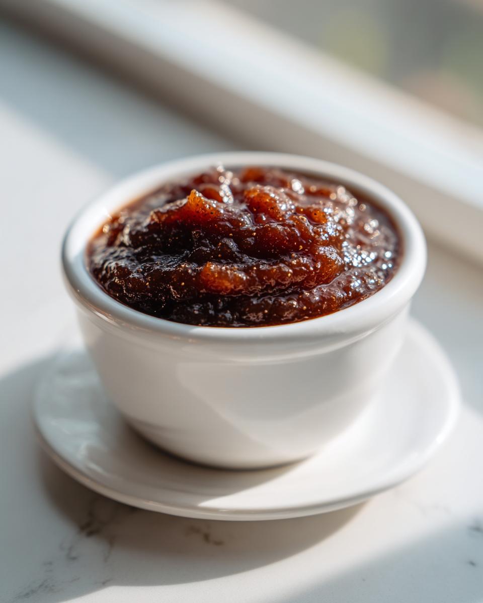 Close-up of thick, dark brown homemade apple butter served in a small white bowl on a saucer.
