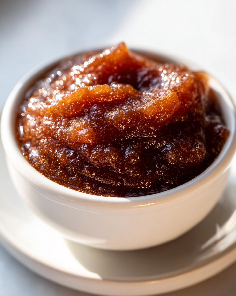Close-up of rich, dark brown homemade apple butter served in a small white bowl.