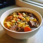 Close-up of a white bowl filled with rich beef noodle soup, featuring chunks of beef, egg noodles, and sliced carrots.