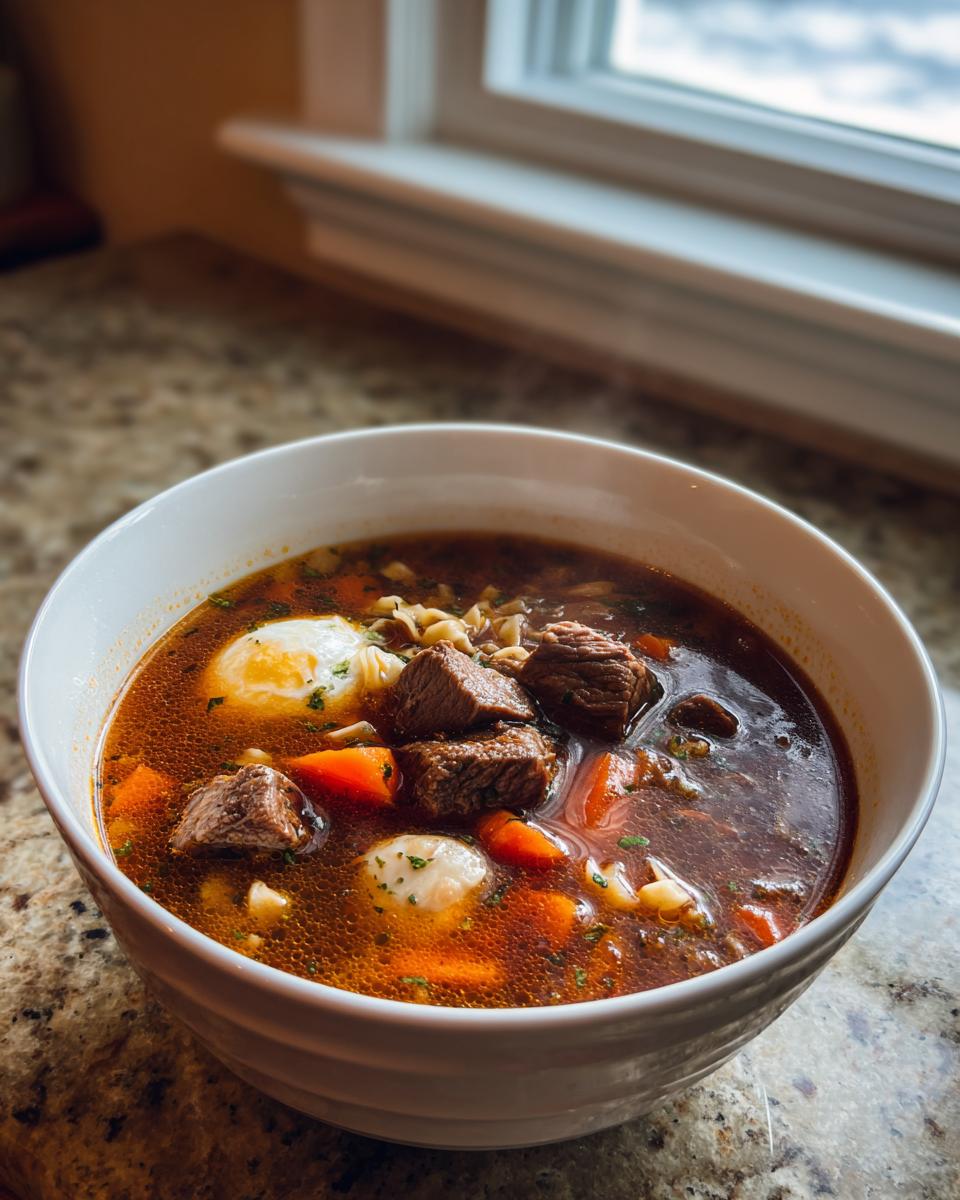 A steaming white bowl filled with rich beef noodle soup, featuring chunks of beef, carrots, noodles, and poached eggs.