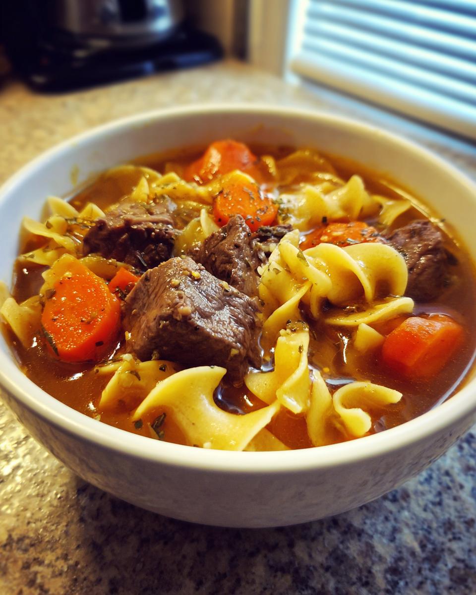 A close-up of a hearty bowl of rich beef noodle soup featuring tender beef chunks, wide egg noodles, and bright orange carrots.