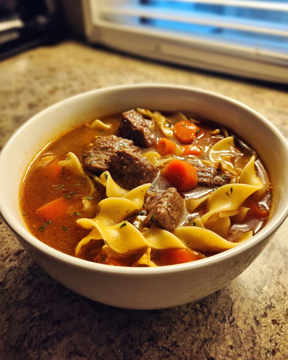 Close-up of a hearty bowl of rich beef noodle soup featuring chunks of beef, bright orange carrots, and wide egg noodles.