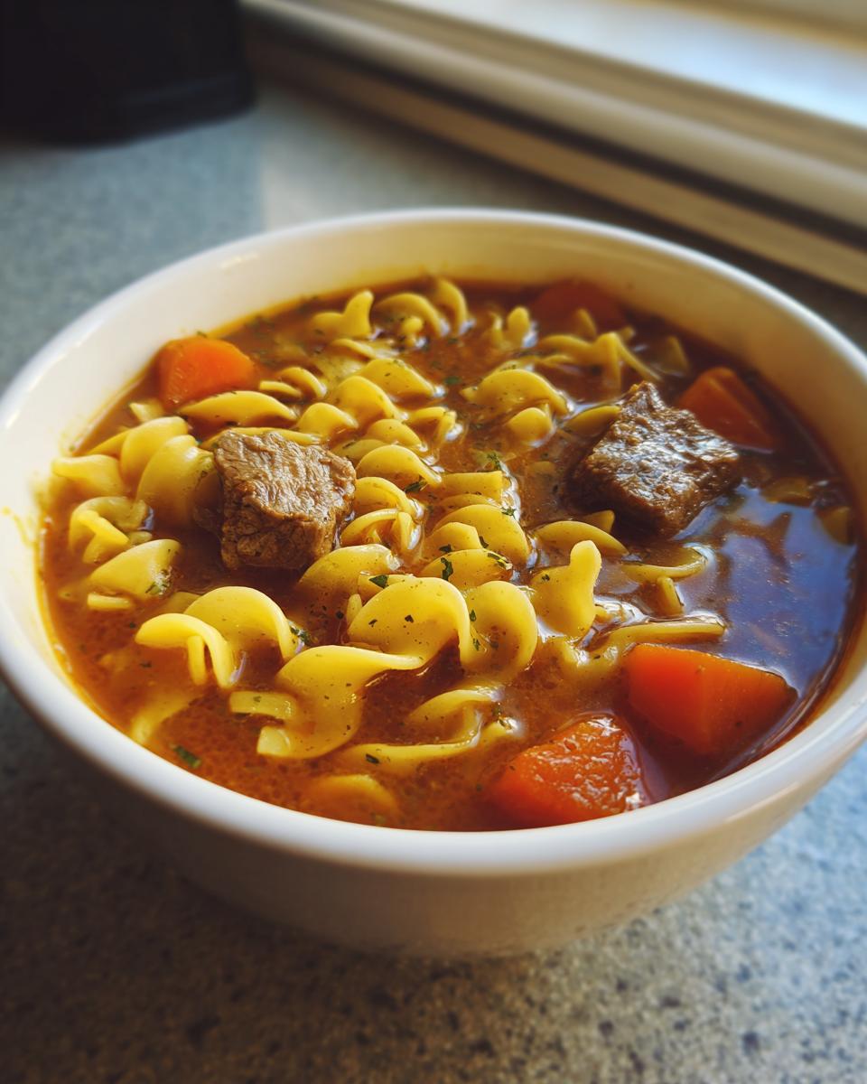 Close-up of a bowl of rich beef noodle soup featuring chunks of beef, egg noodles, and bright orange carrots.