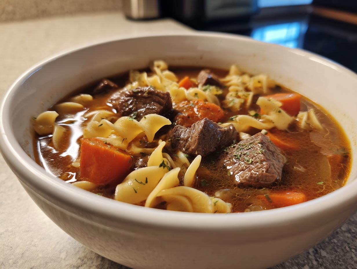 Close-up of a hearty bowl of rich beef noodle soup with chunks of beef, carrots, and egg noodles.