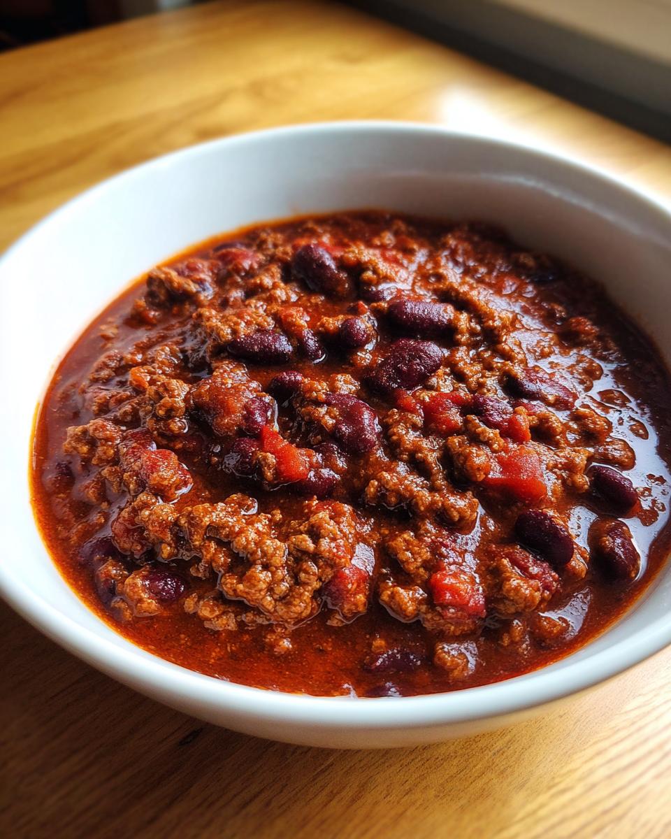 Close-up of a white bowl filled with rich, thick crockpot chili featuring ground beef and kidney beans.
