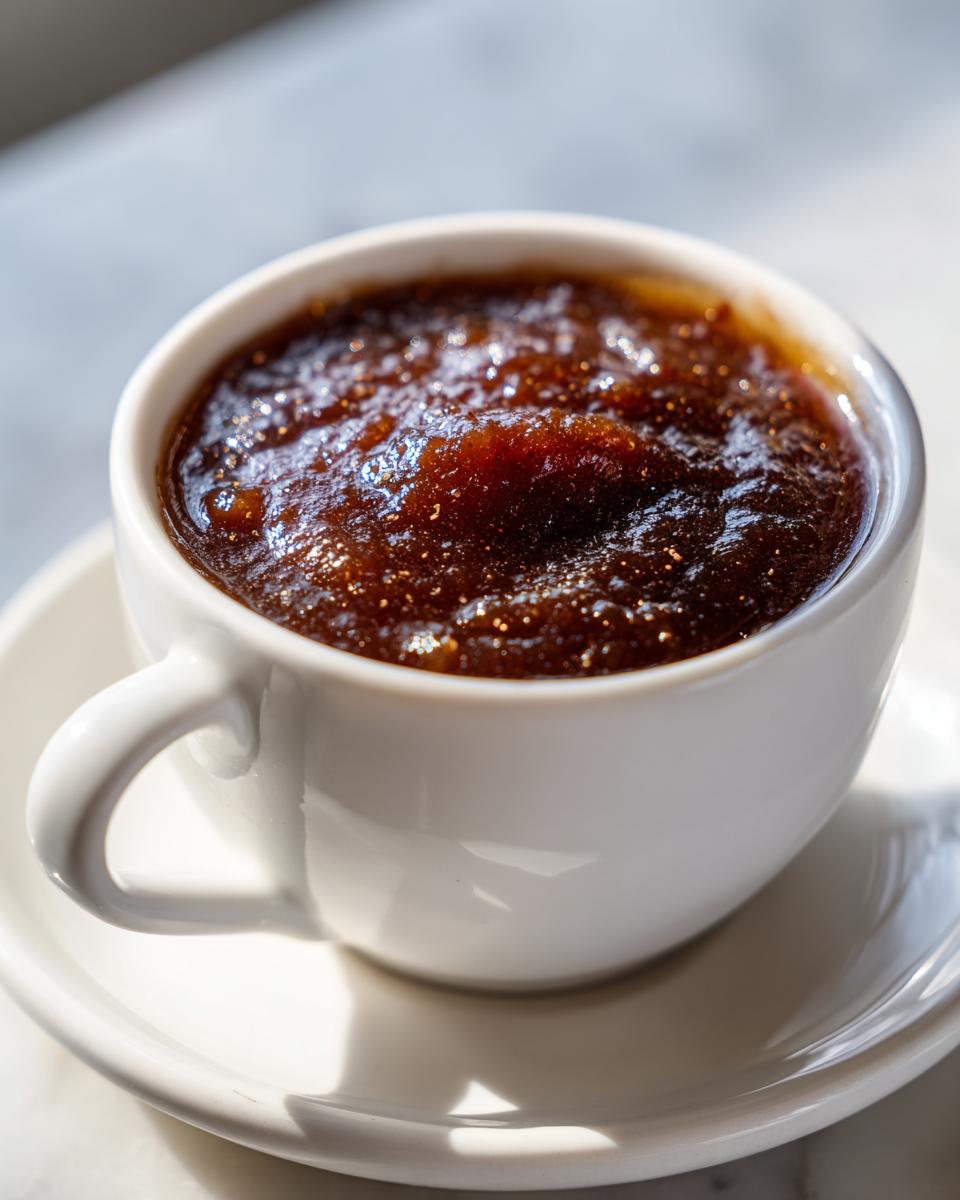 Close-up of thick, dark brown apple butter served in a small white teacup on a matching saucer.
