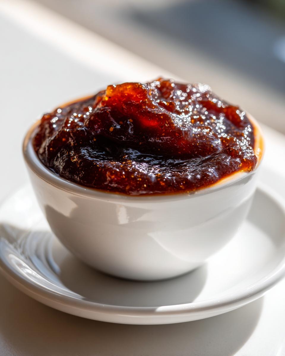 Close-up of thick, dark, glistening homemade apple butter served in a small white ramekin.