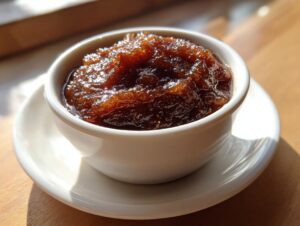 A close-up of thick, dark brown homemade apple butter served in a small white ramekin dish.
