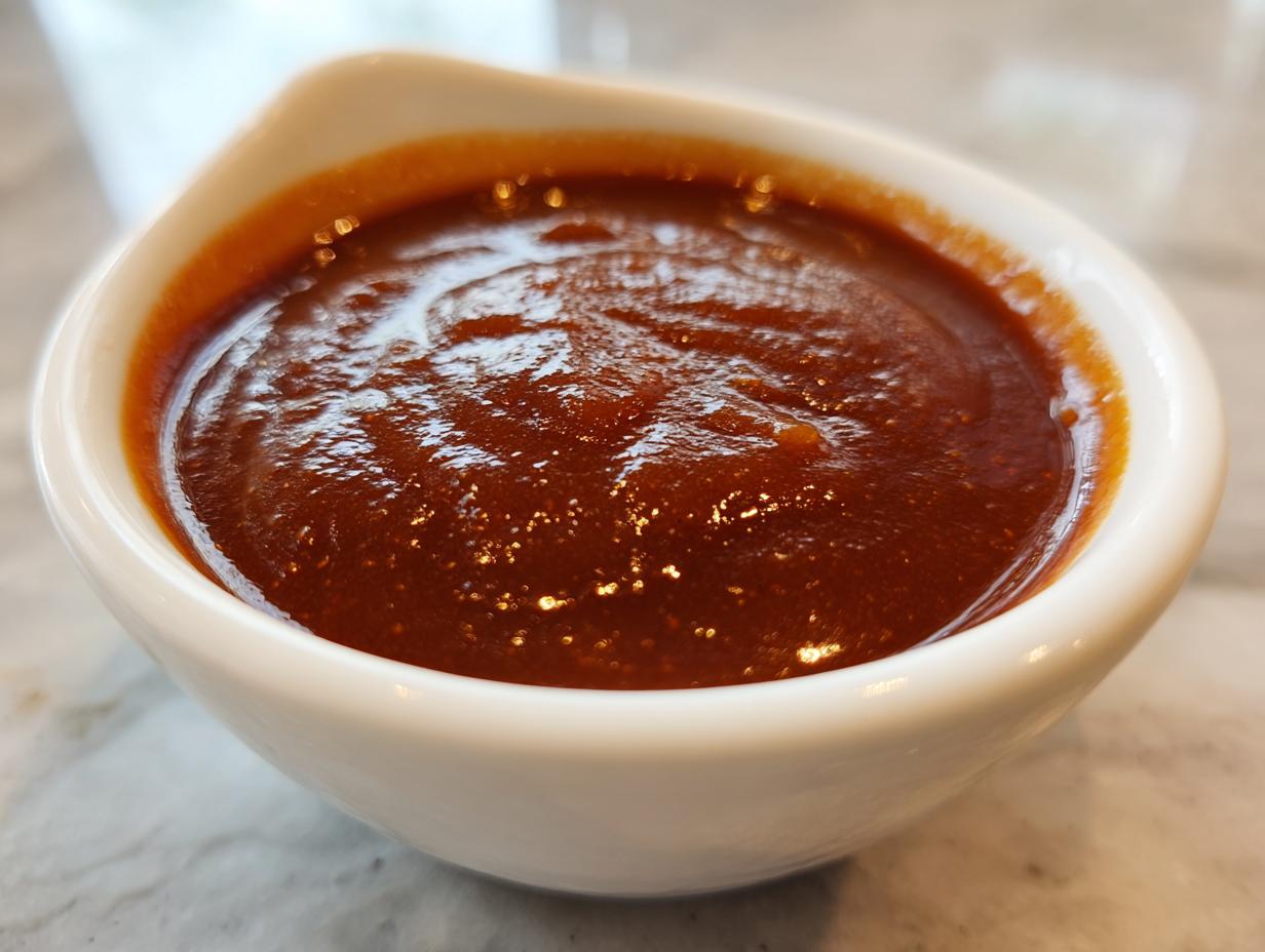 Close-up of rich, thick homemade bbq sauce glistening in a small white dipping bowl.
