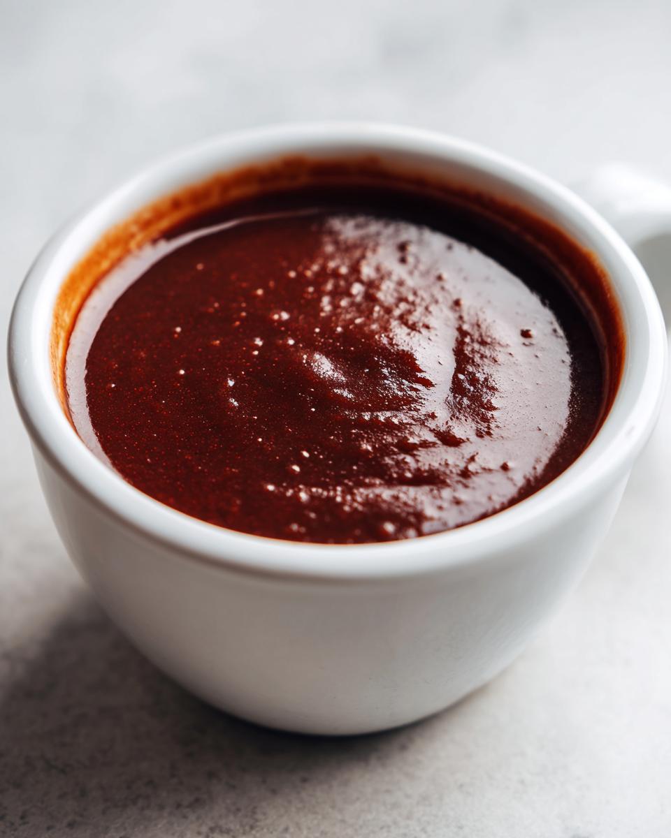 Close-up of thick, dark red homemade bbq sauce served in a small white bowl.