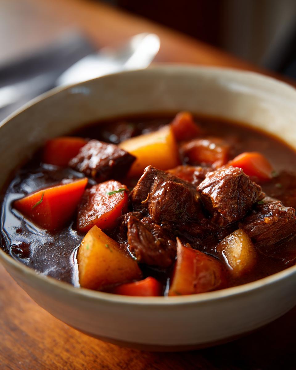 Close-up shot of tender chunks of meat and vegetables in a rich, dark gravy, representing the amazing 8-hour pork stew.