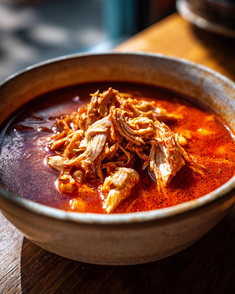 Close-up of a rustic bowl filled with vibrant red broth and a generous topping of shredded chicken for chicken pozole.