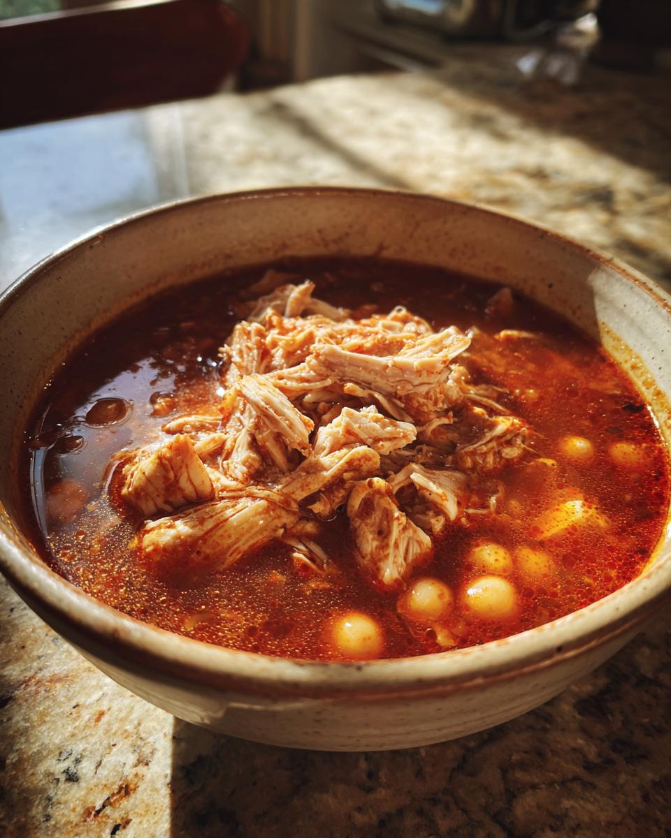 Close-up of a rustic bowl filled with vibrant red chicken pozole, featuring shredded chicken and hominy kernels.