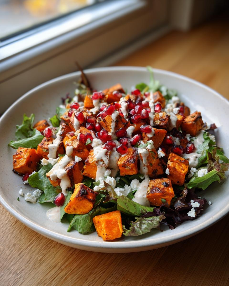 Close-up of a vibrant sweet potato salad featuring roasted sweet potato cubes, mixed greens, feta cheese, and pomegranate seeds.