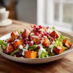 A vibrant bowl of sweet potato salad featuring roasted sweet potato cubes, mixed greens, pomegranate seeds, feta, and a creamy white dressing.