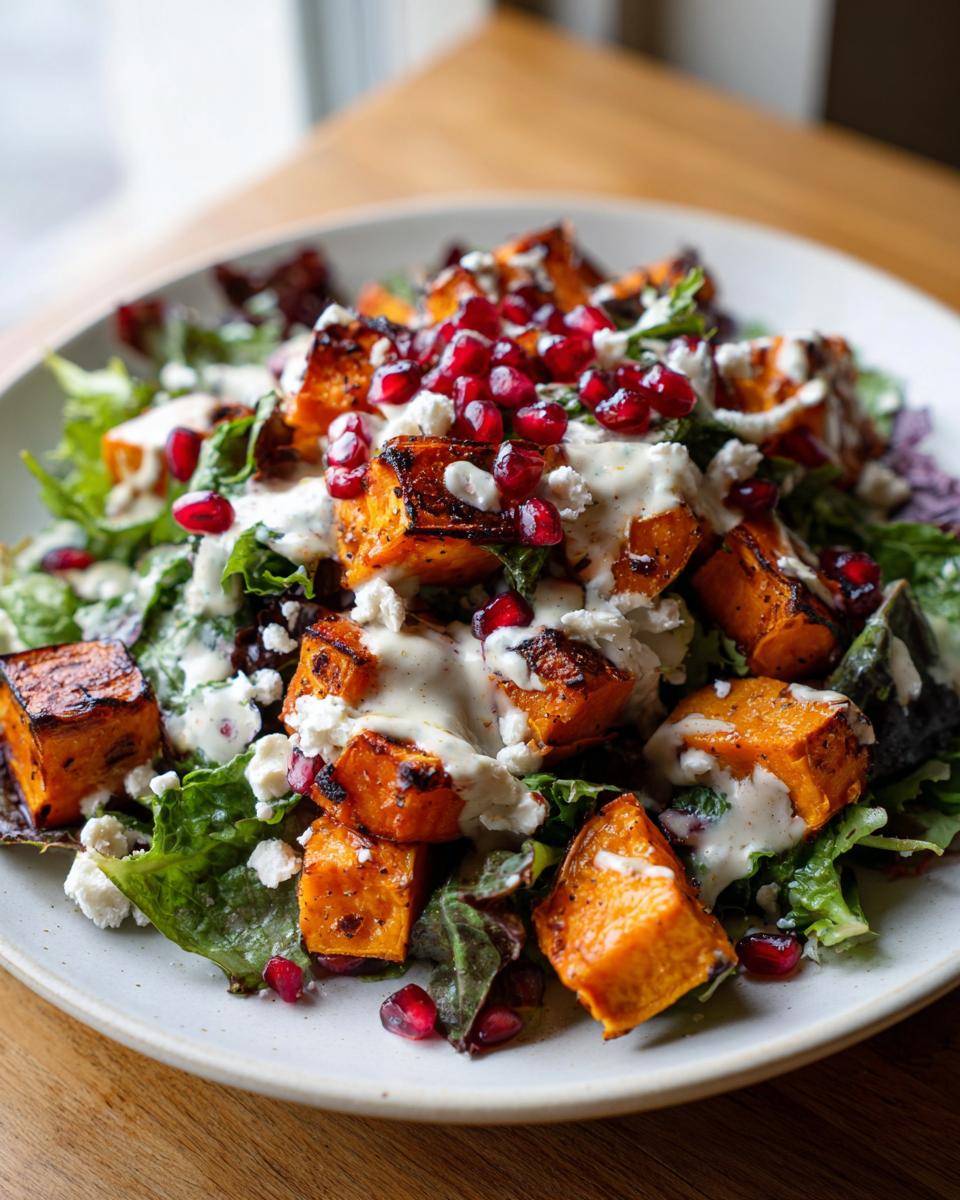 Close-up of a vibrant sweet potato salad featuring roasted orange cubes, crumbled white cheese, bright red pomegranate seeds, and creamy dressing over greens.