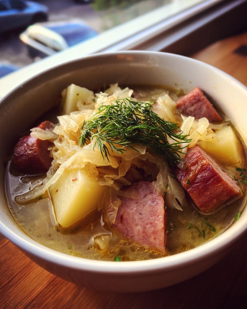 Close-up of a bowl of savory sauerkraut soup featuring chunks of smoked sausage, potatoes, and topped with fresh dill.